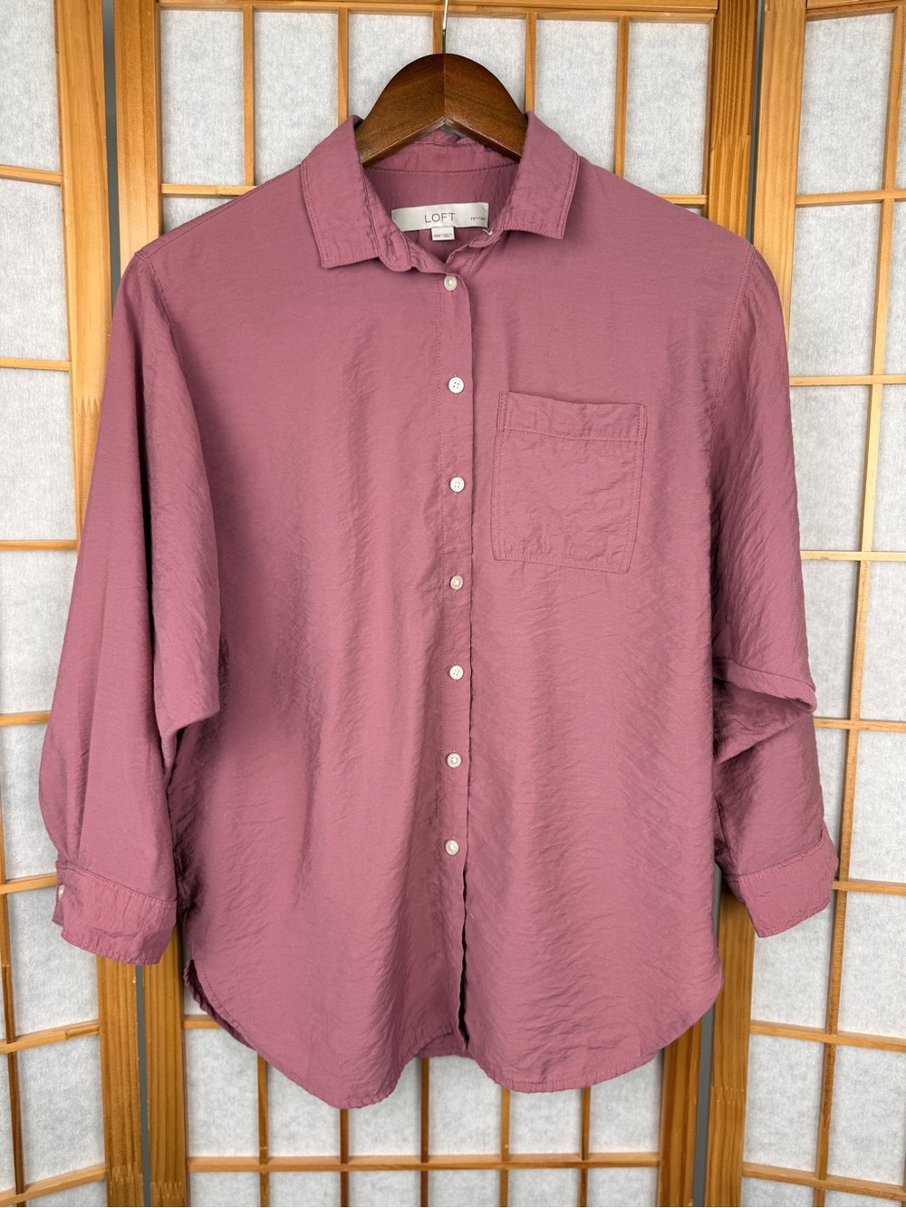LOFT Petites Dusty Rose Rayon Blend Button Down Shirt Pocket Blouse XXSP